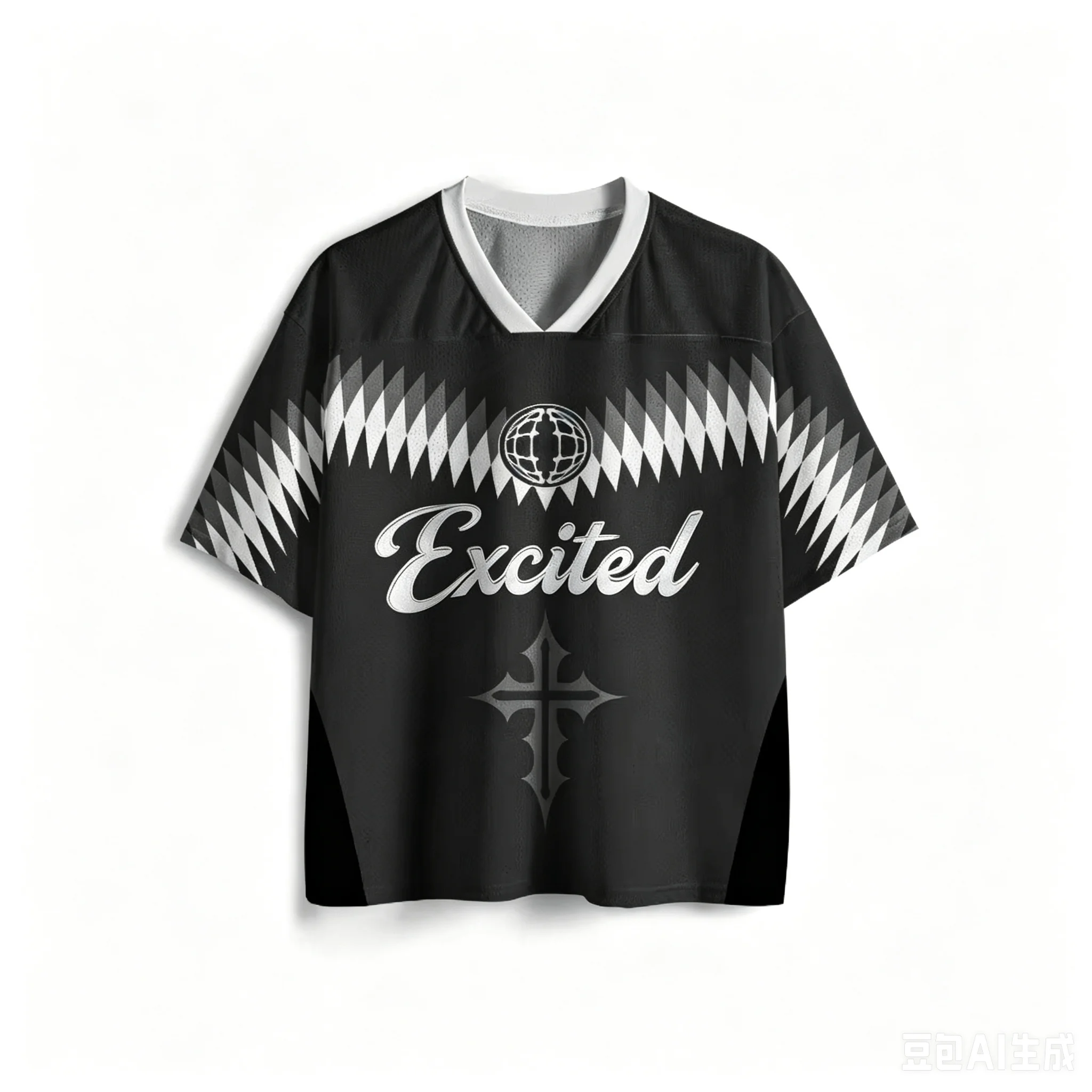 T-shirt noir Y2K à col en V pour adolescentes, avec motif graphique de ballon de football, lettres 'Excited' et globe terrestre croisé, style Campus, Rentrée scolaire, Tenue de rue