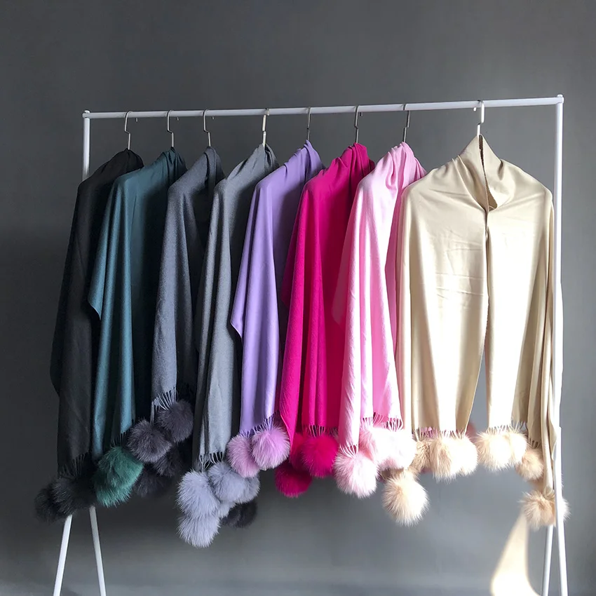 JANEFUR Cashmere Shawl Scarf Women Winter Fox Ball Fur Pom Pom Thick Pashminas Scarf JFD1-21012