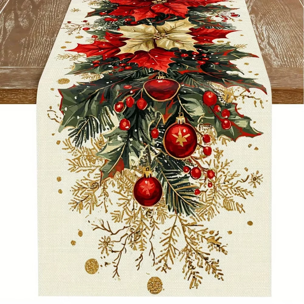 Weihnachts-Tischläufer aus Leinen – Weihnachtsstern-, Stechpalmen- und Beeren-Drucke |   Winterurlaub-Partydekoration für Küche und Esstisch
