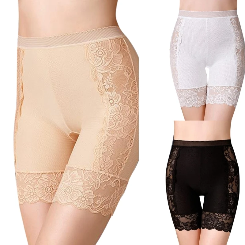 Womens Summer Ice Silk Traceless Lace Safety Shorts Panties Under Dress High Waist Tummy-Control Slimming Underwear Pant