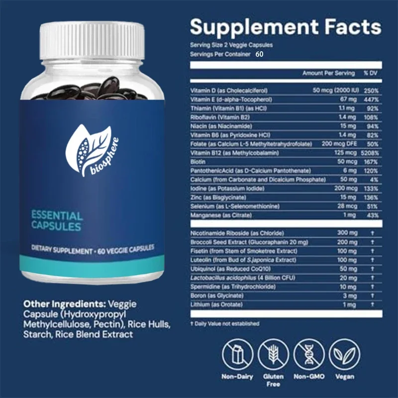 Essential Capsules - Antioxidant Supplements Containing Calcium, Vitamin B1, Vitamin D, and Zinc