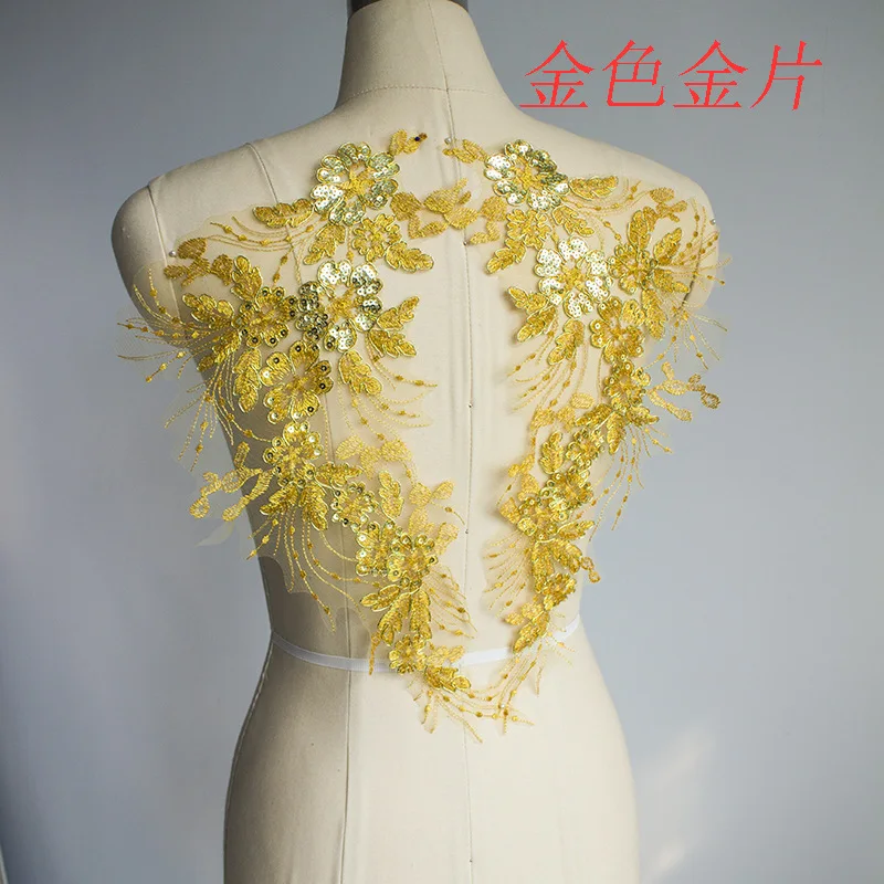 10Pairs Embroidery Cording Golden Lace Sequins Lace Flowers Diy Wedding Dress Material