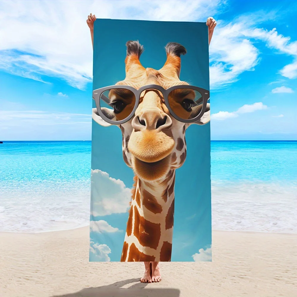 Funny Giraffe Beach Towel with Sunglasses, Cool Animal Print Microfiber Bath Towel, Summer Beach Accessories for Swimming