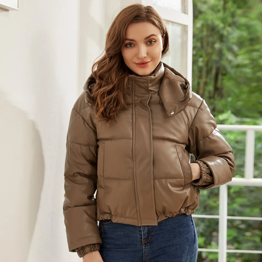 Women Winter Vintage Faux Leather Loose Hooded Pockets Cotton Jackets Fashion Warm Thick PU Parkas Female Outerwear Tops