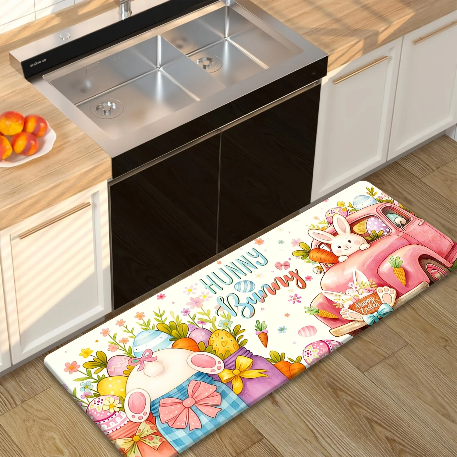 Off White Cute Easter Bunny Kitchen Runner Mat Anti Slip Absorbent Pink Truck Egg Floral Print Carpet for Kitchen Hall Bathroom