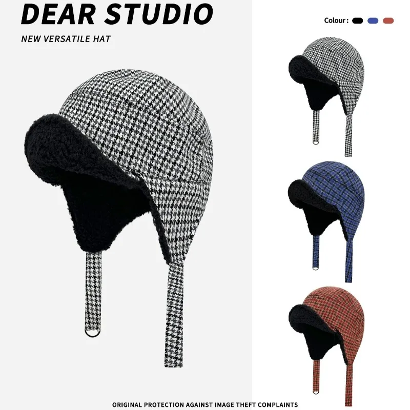 

Модные контрастные цветные клетчатые двусторонние плюшевые шапки-бомберы для женщин, зимняя уличная теплая защита ушей, универсальная мужская шапка