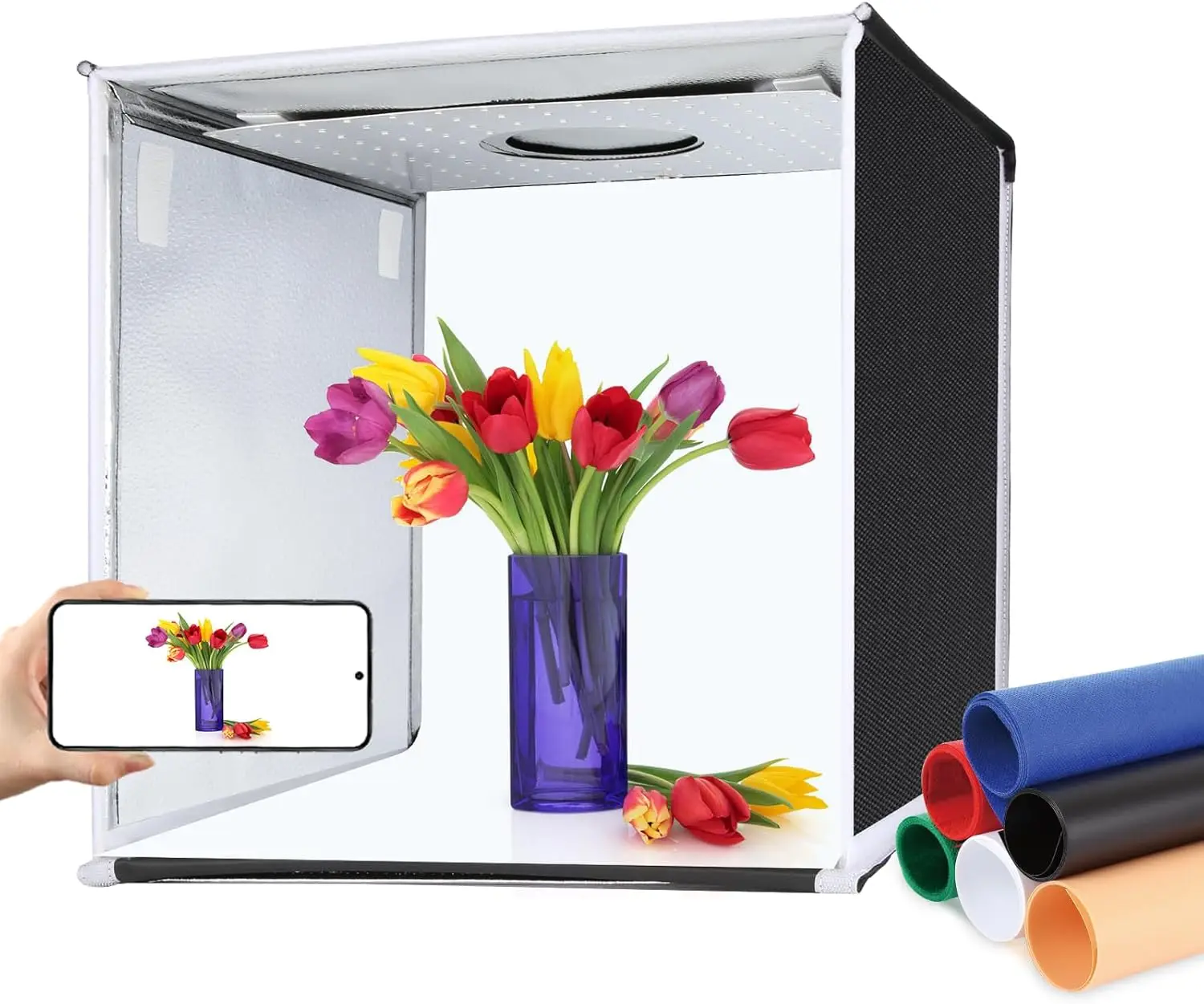 

Профессиональная фотобокс-студия 16x16 дюймов с регулируемой яркостью, 144 светодиодами высокой цветопередачи (CRI) и 6 фонами для предметной съемки