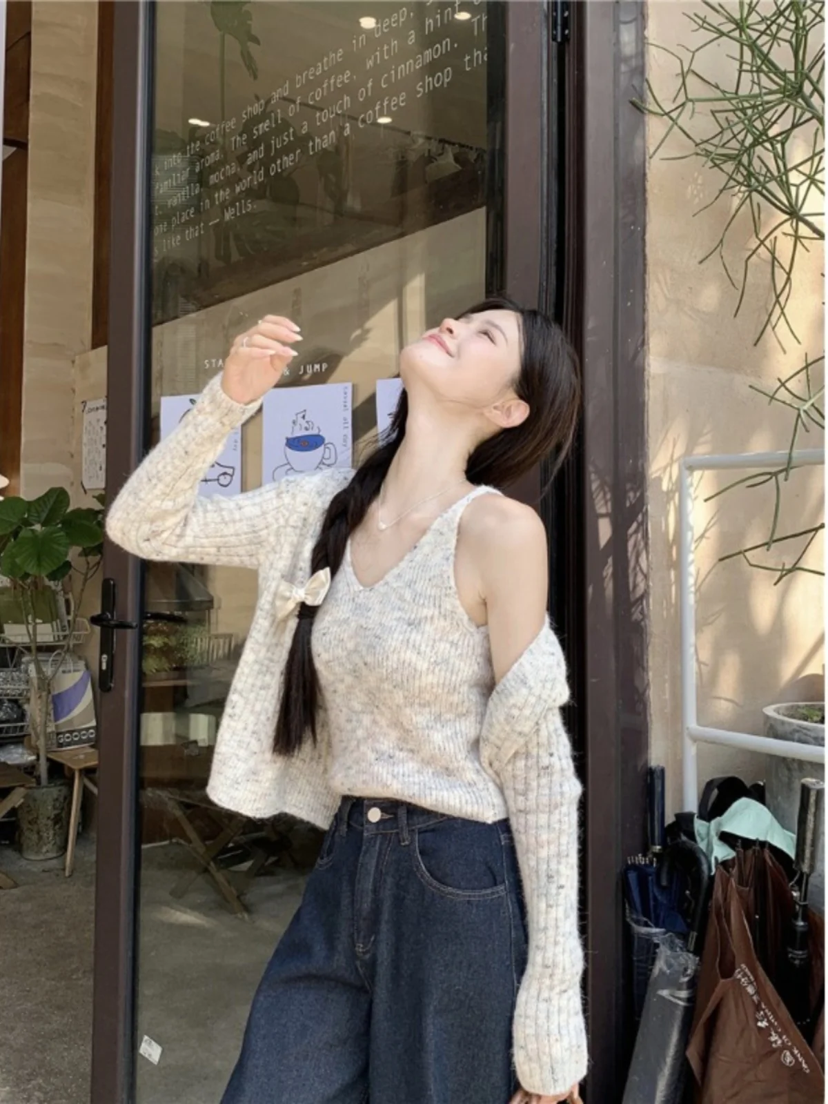 Korean Sle ort Knitted Open Cardigan Vest Women's Two-Piece Set Slim Fit V-Ne Sweater Coat Sweet Sle Spring Autumn