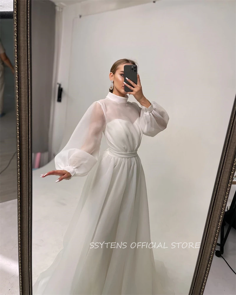 Organza A Line Wedding Dresses Full Sleeves Vestido De Novia Long Bride Dress Princess Gowns Bridal Dress High Neck Custom Made