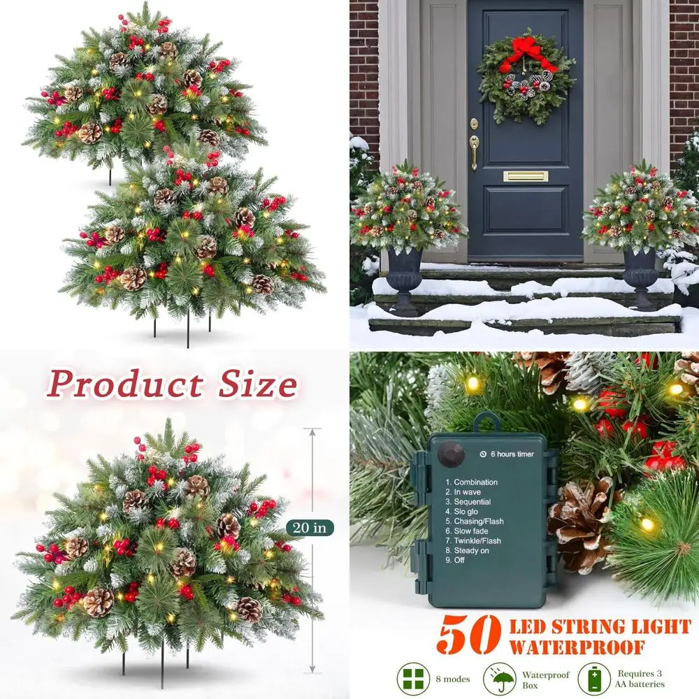 

Battery-Powered 20 Christmas Tree with 50 LED Lights, Pine Cones & Red Berries, Frosted Urn Base, Timer Feature, Ideal for Outdo