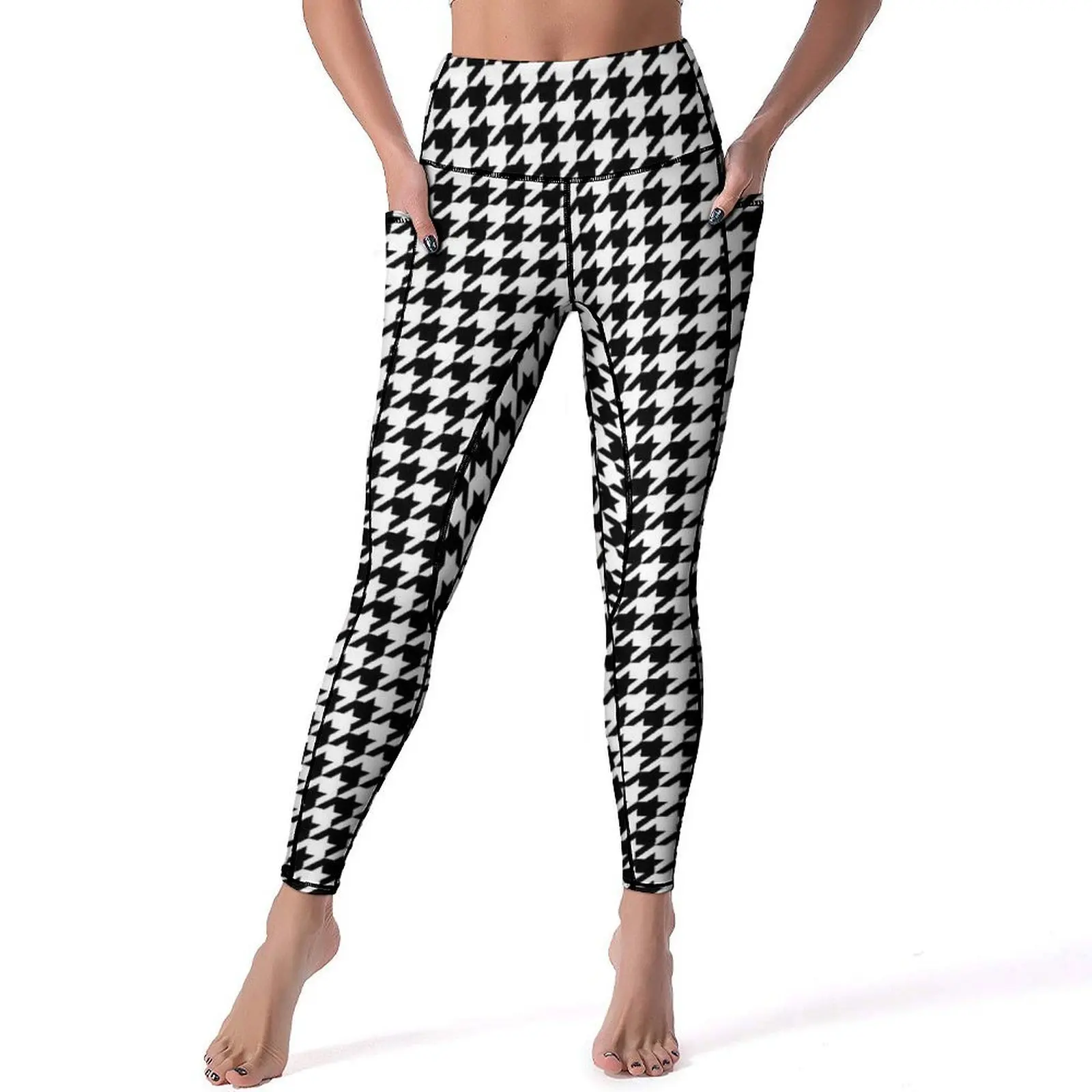 Houndstooth geruite legging sexy zwart-wit gym yoga broek hoge taille sneldrogende sport panty zakken grappig patroon leggings