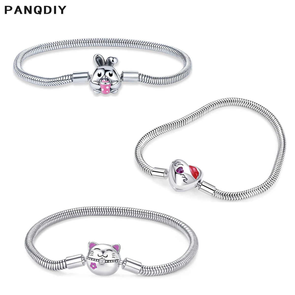 

PANQDIY S925 Sterling Silver Heart Shaped Snake Bone Chain Bracelet Zirconia Charms Bracelet Suitable for charm original beads