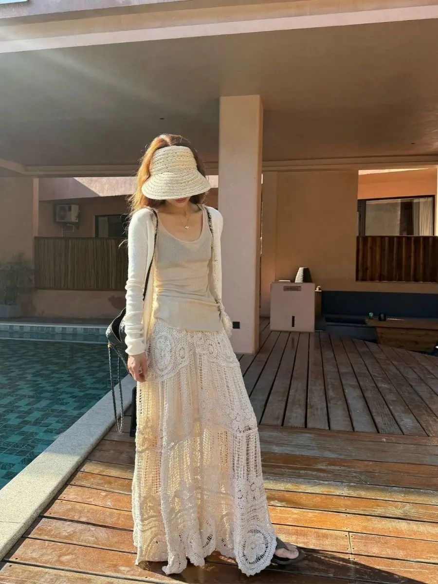 2026 Spring Fall Women High Waisted Hollow Out Designer Knitted Beige Crochet Skirt ，woman Casual Long A Line Skirts
