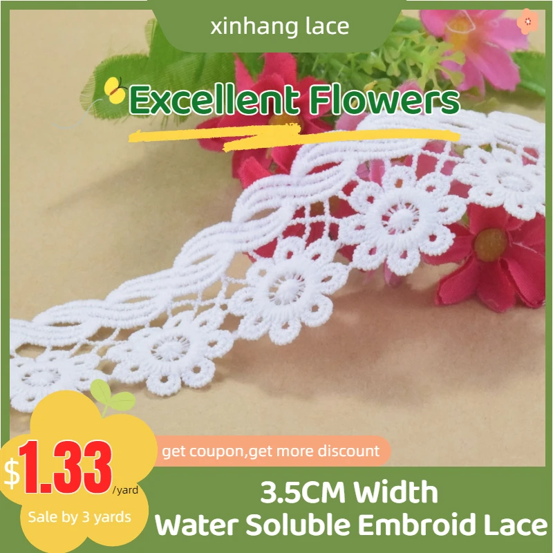 

3yards 3.5CM Wide 100% Polyester Embroidery Lace Sewing Ribbon Guipure Trim Wedding Decoration DIY Dress Accessories Lace#4346
