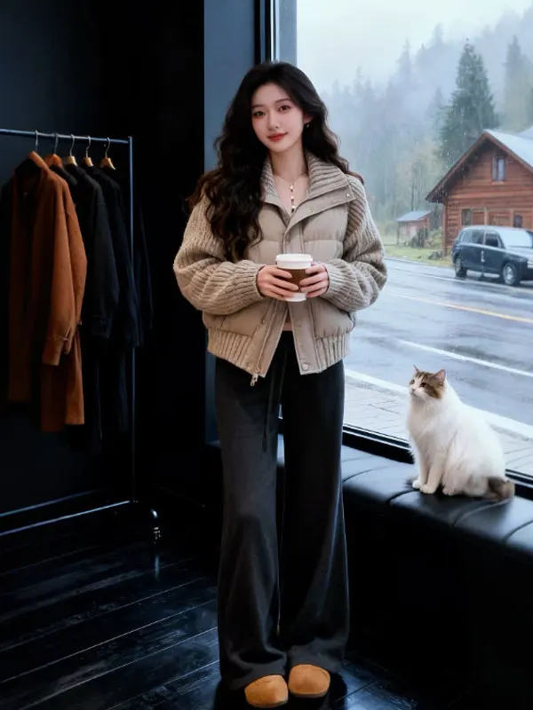 

Корейский хлопковый джерт и повседневные брюки, комплект из двух предметов, удобный свободный крой со средней талией и застежкой-молнией, осень-зима Faion