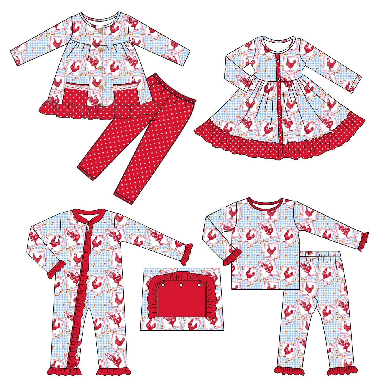 Hot selling baby autumn clothing red suit chicken print long sleeve long road suit red spotted pants boutique baby clothing