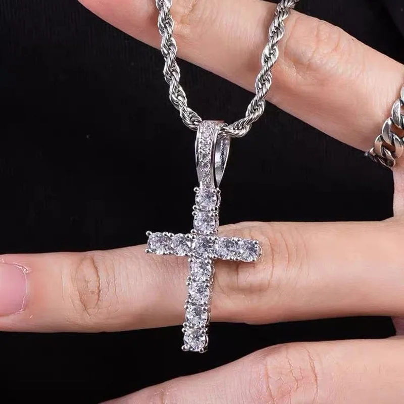 Iced Out Crystal Zircon Cross Pendant Necklace Silver Plated Twisted Chain Necklaces For Men Women