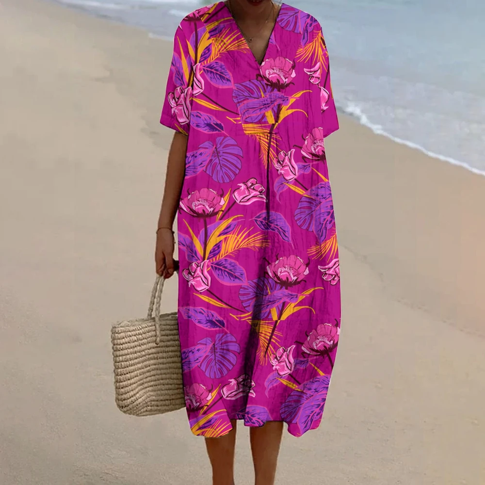 

V-Neck Casual Longuette Purple Red Patterns Long Skirt Half Sleeves Dresses Full Printing Oversize Summer Resort Frocks