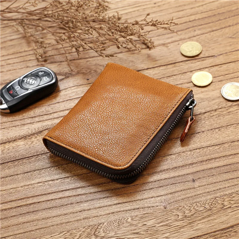 

Мужские короткие кошельки из 100% натуральной кожи, мужские держатели для карт на молнии, модные мужские кошельки с карманами для денег