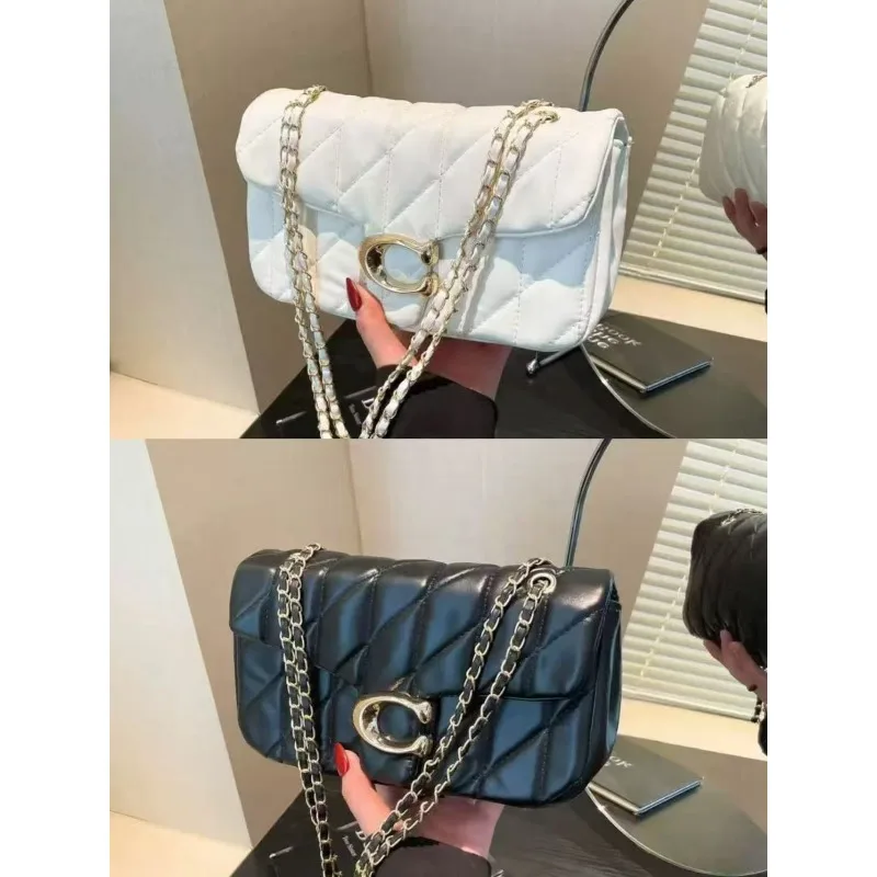 Damen Gesteppte Leder-Umhängetasche Luxus C-Logo Goldkette Crossbody-Tasche Designer Kleine Klapptasche Vintage Schwarze Abendclutch – Detail 10