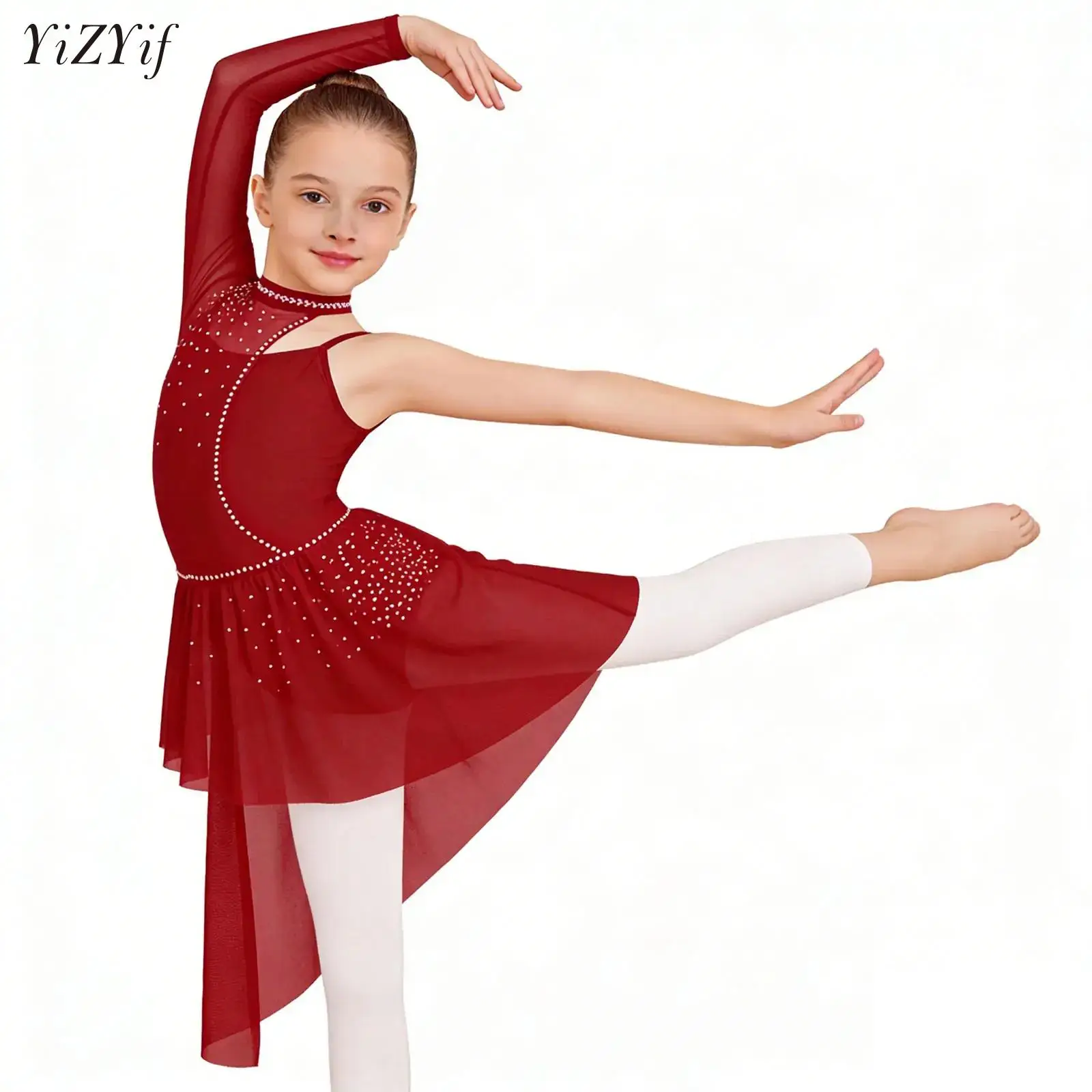 

Girls Figure Ice Skating Dress Kids Lyrical Dance Ballet Gymnastics Leotard Tutu Long Sleeve Rhinestone Stage Performance Wear