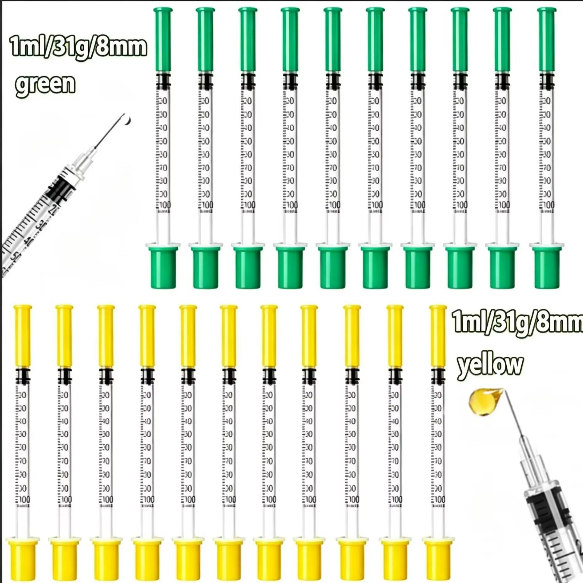 1 mL, 31 G/8 mm, Green/Yellow Sterile Disposable Syringe, Laboratory Use, Single-Use Syringe, Laboratory Syringe, Individually P