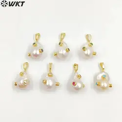 WT-MP138 WKT Natural Pearl & CZ Pendant Irregular Pearl With CZ Charm Women Fashion Necklace Women Gift Jewelry Findings
