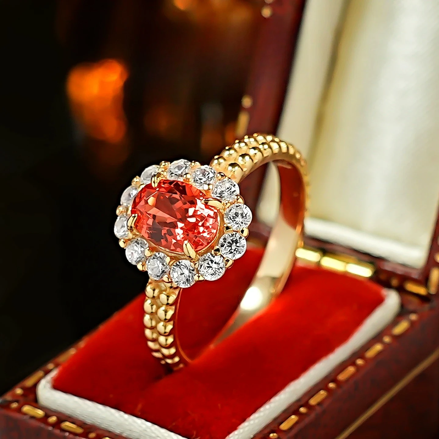 925 Sterling Silver Gold Plated Sunset Red Zircon Ring 5*7mm Oval Double Beaded Band Women Finger Jewelry