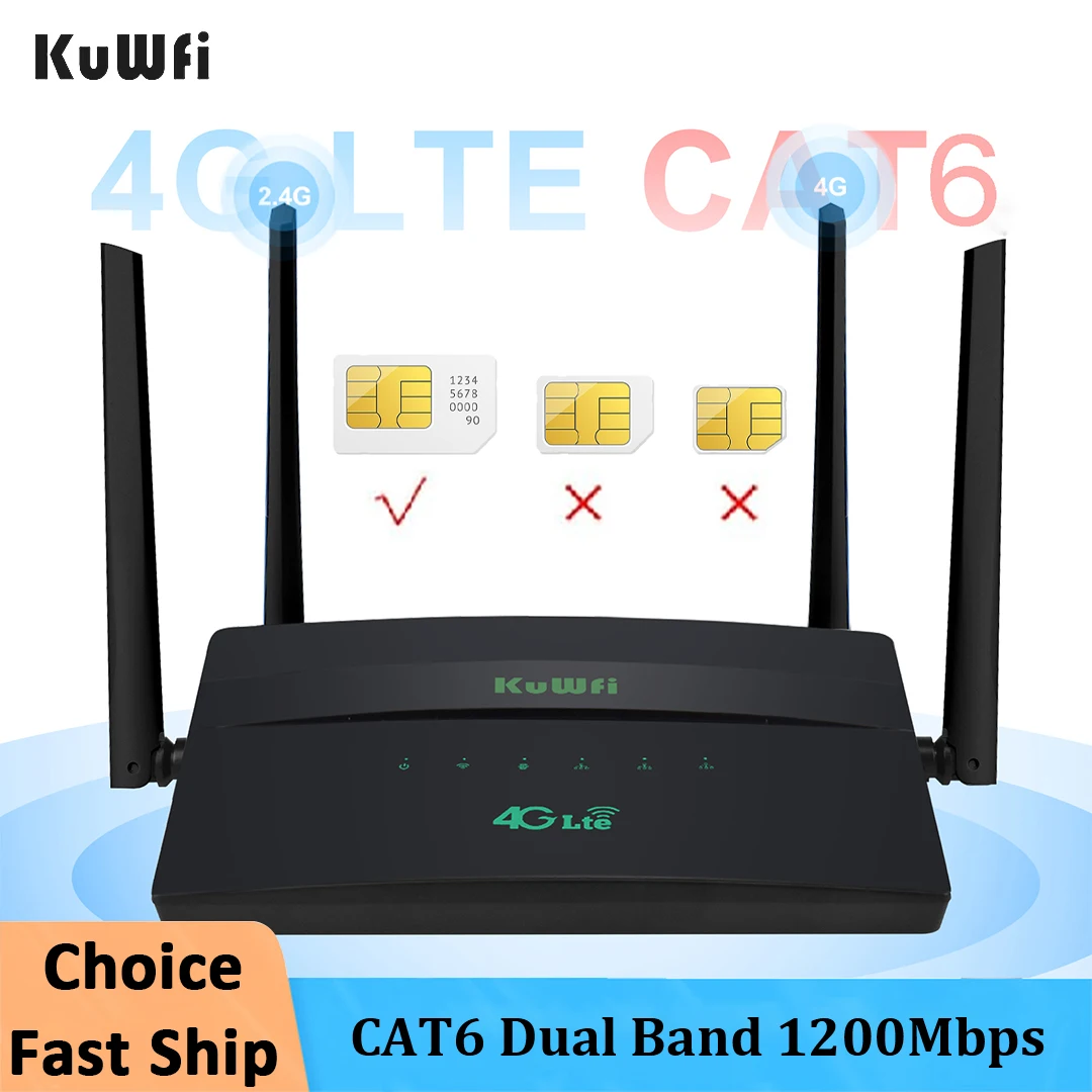 KuWFi 1200 Мбит/с Wi-Fi-маршрутизатор CAT6 Двухдиапазонный 2,4G и 5G 4G Маршрутизатор Точка доступа CPE 4 Антенна Точка доступа Сетевой адаптер для