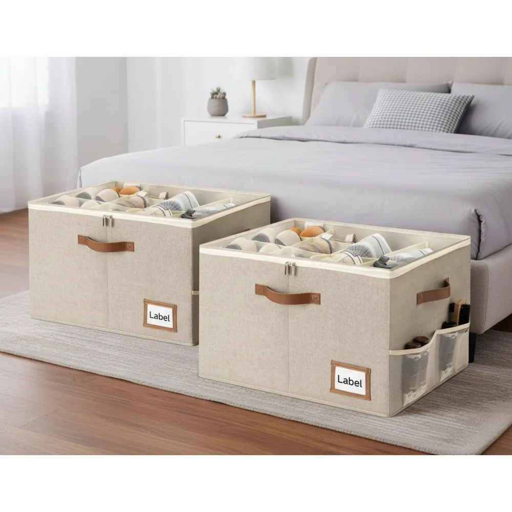 

2-Pack Shoe Storage Cubes, Holds 16 Pairs, Space-Saving Box with Lid and Handles in Taupe