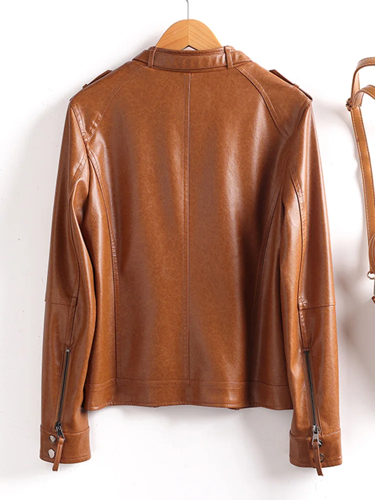 New Women Split Leather Jacket Spring Autumn Fashion Stand Collar Casual Biker Leather Coat Short Motorcycle Jacket Female