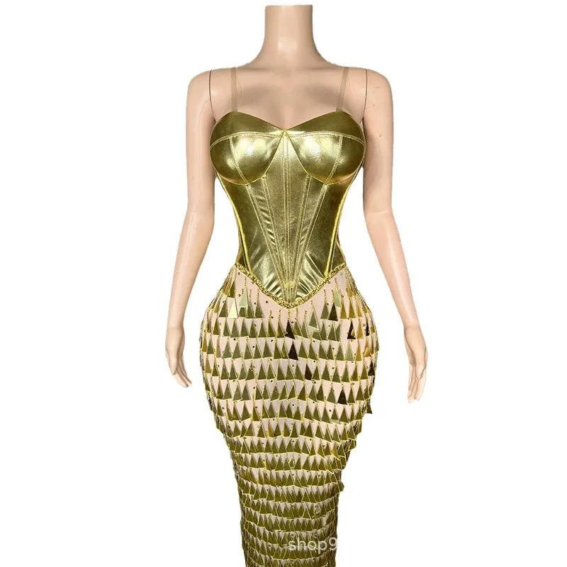 

Gold Shiny Strap Design Pinching Waist Slimming Mermaid Performance Costume Birthday Banquet Light Luxury Vestidos De Gala Mujer