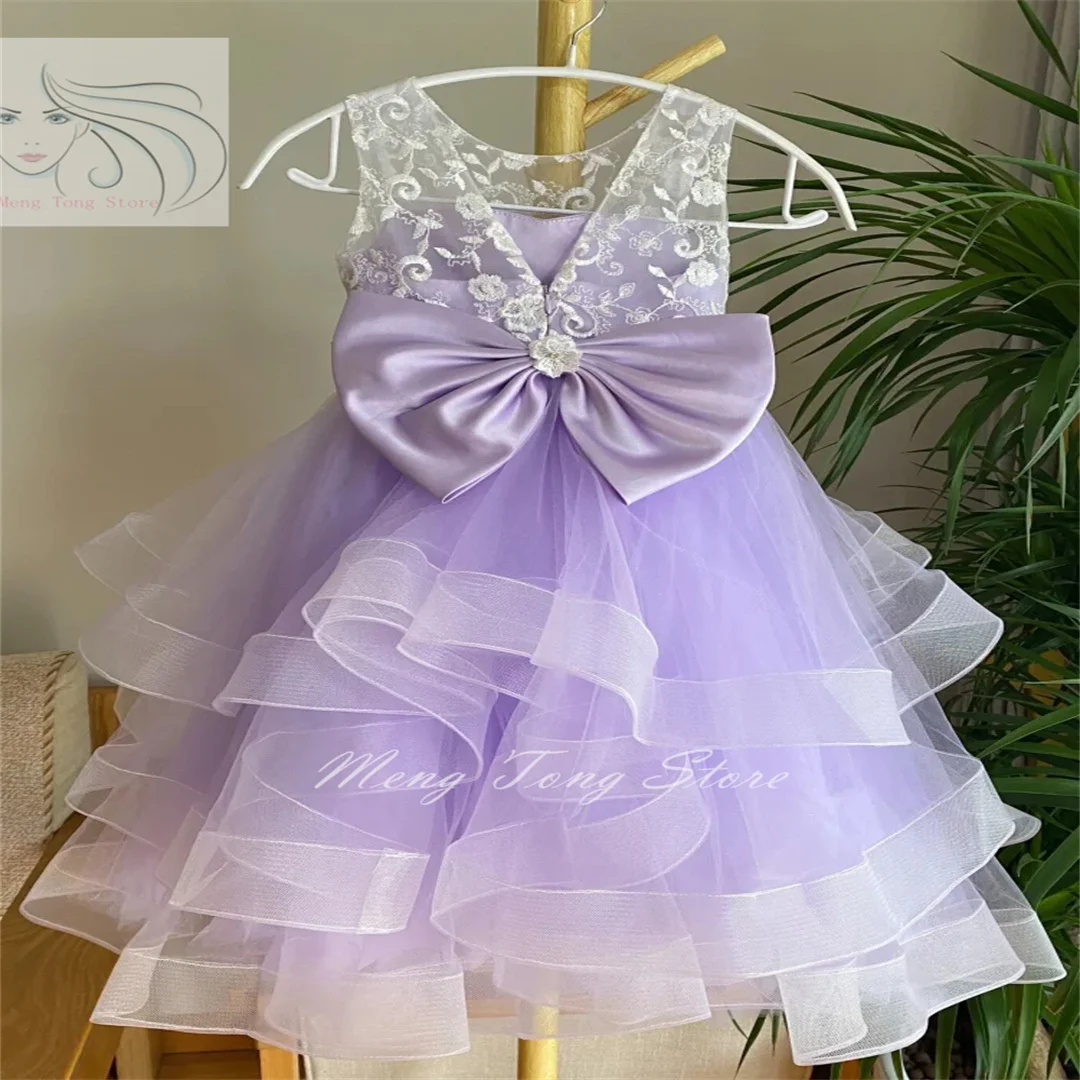 Flower Girl Dresses Purple Tulle Tiered White Flory Pattern With Bow Sleeveless For Wedding Birthday Party First Communion Gown