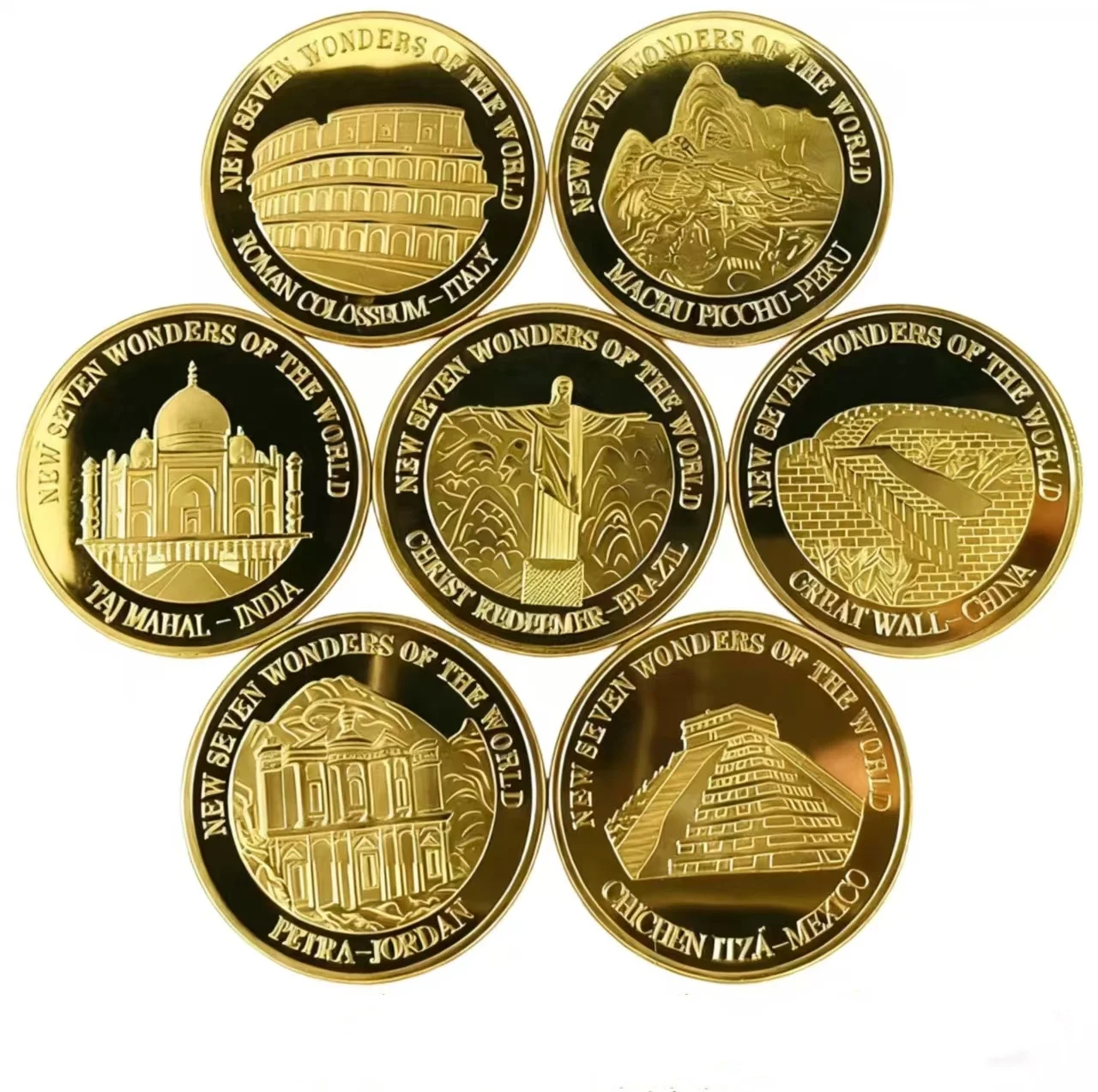 7Pcs Gold Plated Iron New 7 Wonders Commemorative Coin Great Wall Taj Mahal Petra Machu Picchu Pyramid Collectible Souvenir Gift