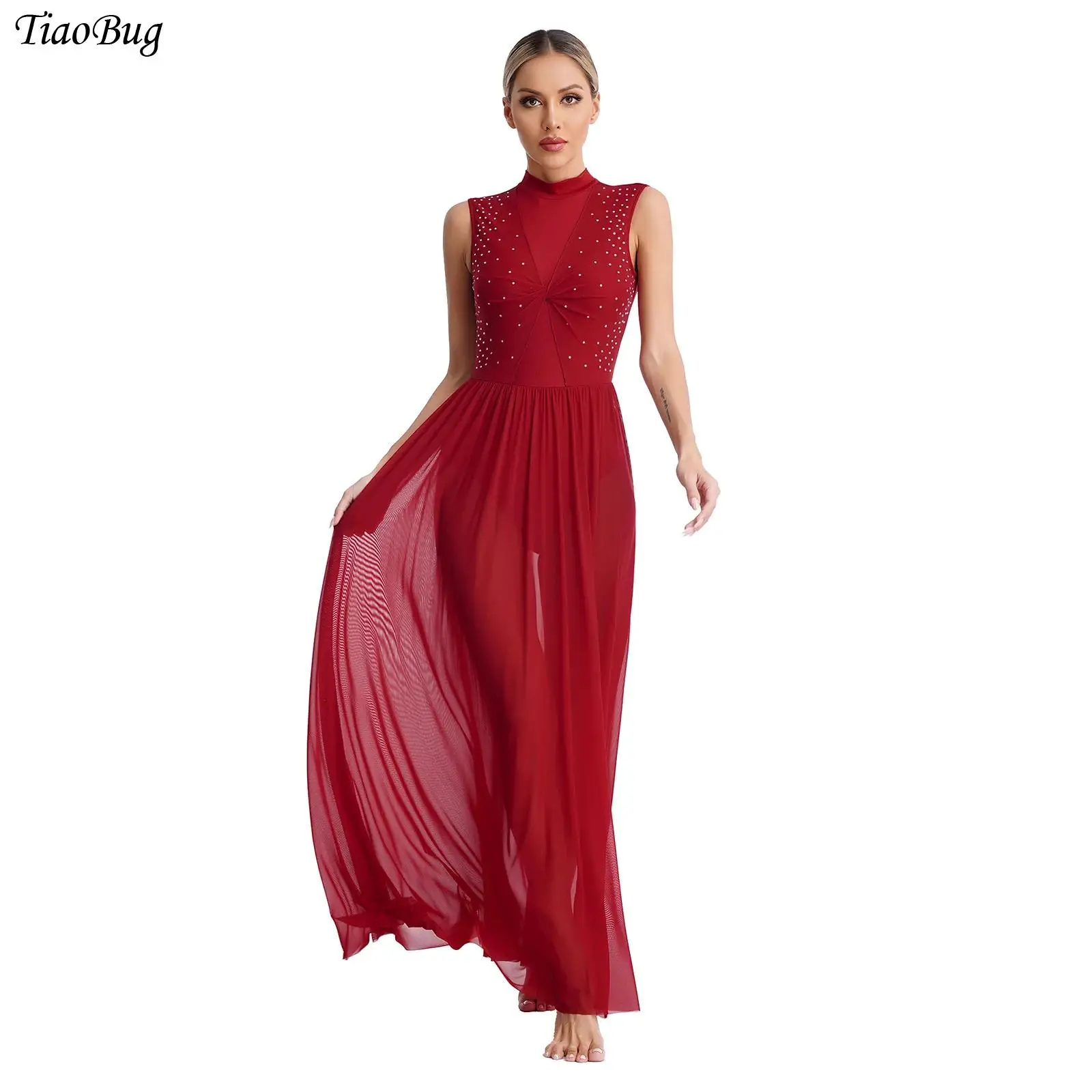 Womens Lyrical Dance Dress Shiny Rhinestones Sleeveless Twist Front Sheer Mesh Overlay Contemporary Modern Dance Leotard Dress