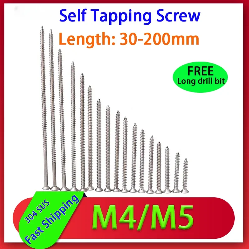 Wood Long Screw 304 Stainless Steel Flat Head Extended Self Tapping Screw Switch Socket Panel Countersunk M4 M5