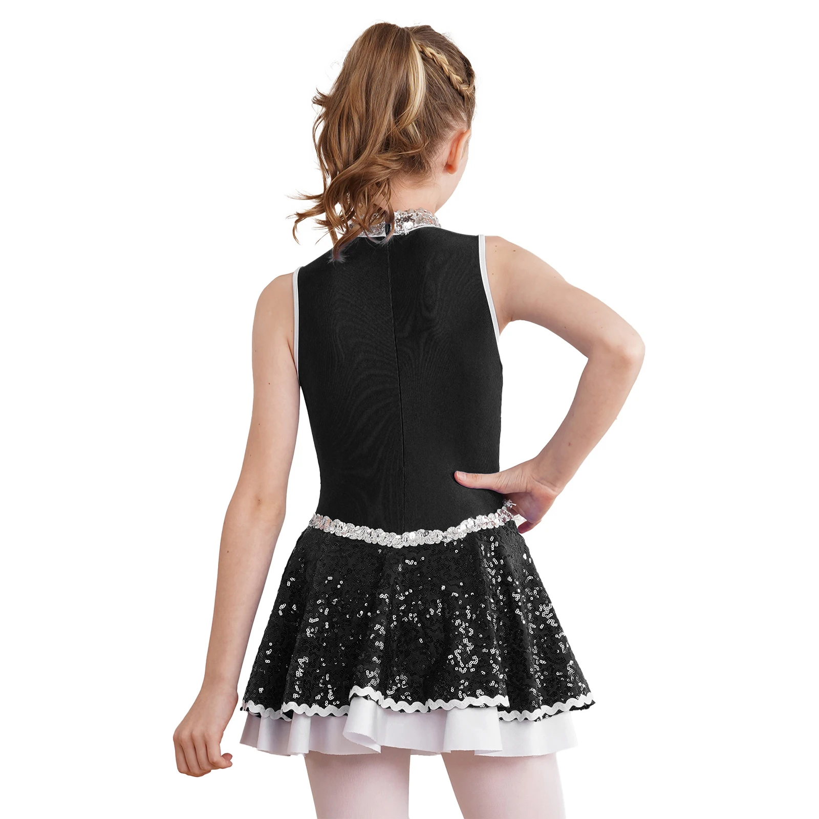 Kids Girls Cheerleading Uniform Sleeveless Shiny Sequins Dance Dress Figure Skating Gymnastics Leotard Stage Performance Costume