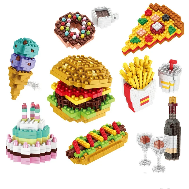 Mini Fast-Food-Bausteine DIY Food Burger Pommes Pizza Hot Dog Wein 3d Modell Montage Ziegel Kinder Lernspiel zeug Geschenk