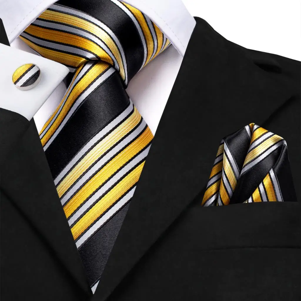 Yellow Black Striped Silk Wedding Tie For Men Handky Cufflink Gift Men Necktie Fashion Business Party Dropship Hi-Tie Designer