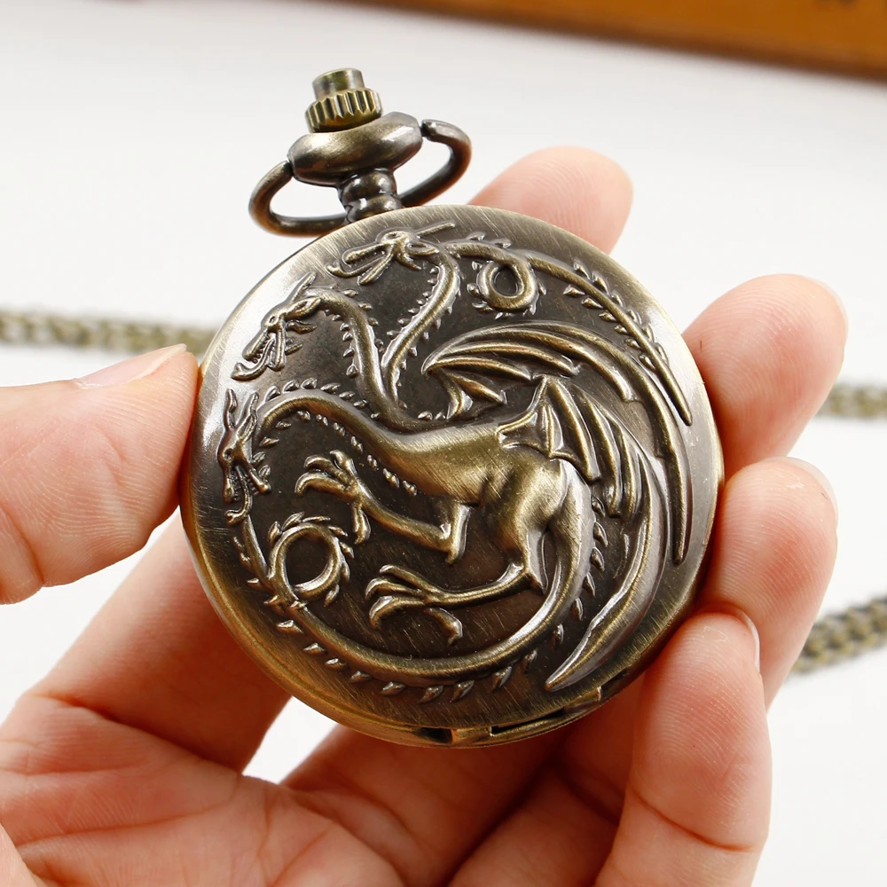 Bronze Three Dragon Monster Quartz Pendant Pocket Watch Vintage Necklace Sweater FOB Chain Clock Dropshipping