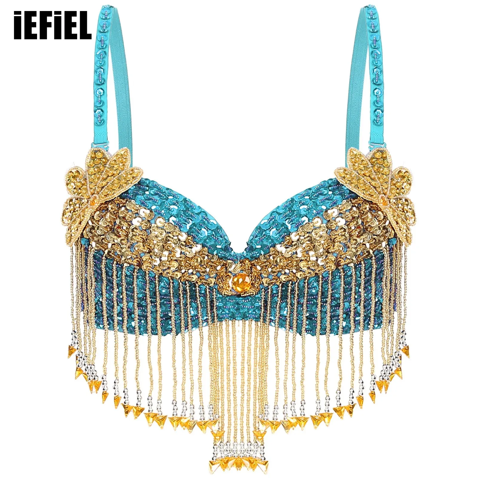 Womens Sequins Belly Dance Tops Sparkly Adjustable Straps Plastic Beaded Tassels Underwired Bra for Halloween Performance