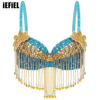 Womens Sequins Belly Dance Tops Sparkly Adjustable Straps Plastic Beaded Tassels Underwired Bra for Halloween Performance