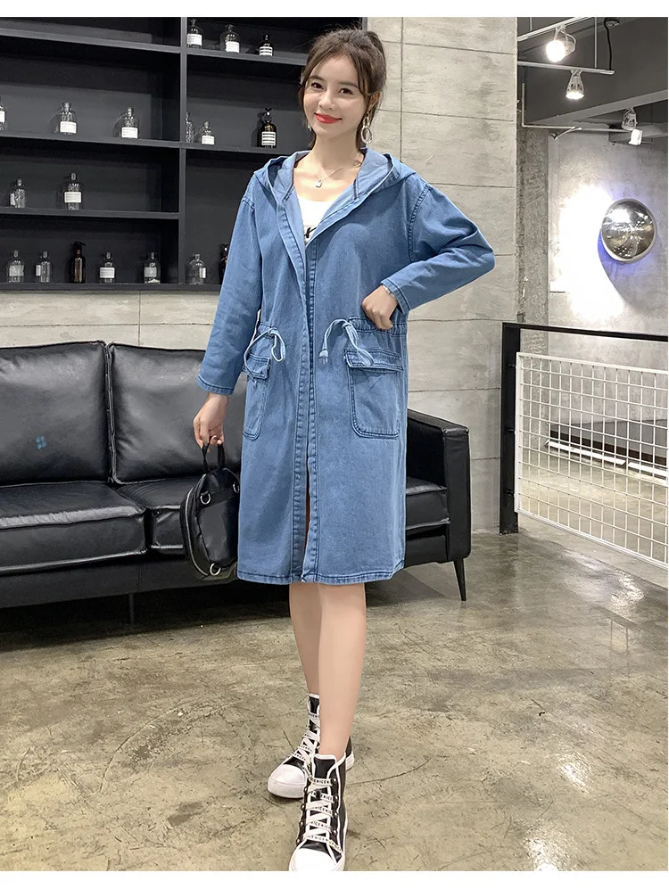 여성 데님 윈드브레이커 코트 후드 가디건 재킷 포켓 워시드 Y2K 하이웨이스트 아우터웨어 2025 가을 스트리트웨어 오버코트
