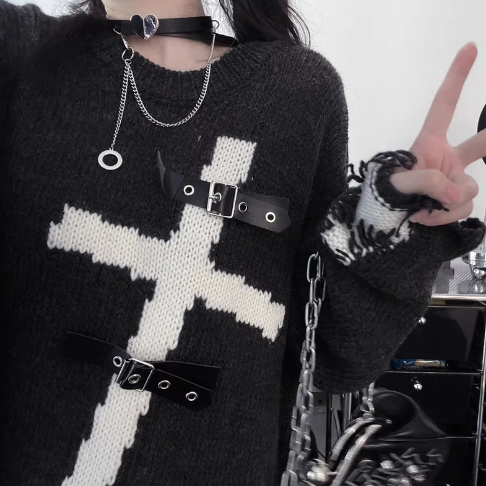 Grey Sweaters Gothic Oversize Subculture Punk Dark Cross Loose Knit Womens Sweater Pullovers Popular Trend Girls Cardigan