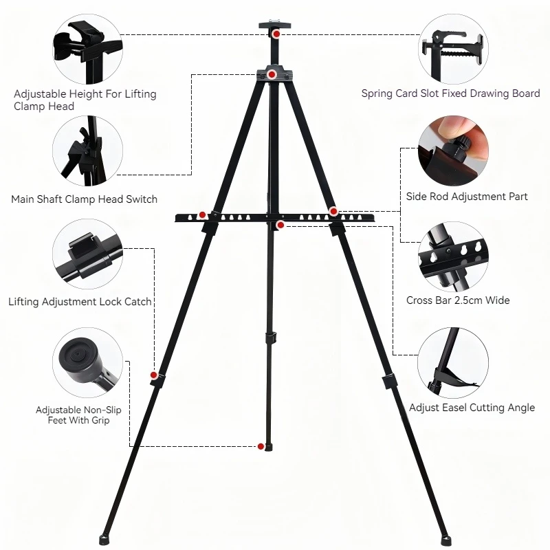 Portable Adjustable Metal Easel for Sketch Drawing, Artist Art Supplies Stand, Foldable Travel Easel, Shelf with Bag, Outdoor