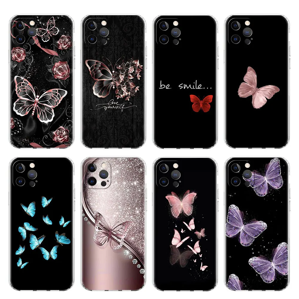 Clear Case For Apple iPhone 14 15 13 11 12 Pro 7 8 Plus XR X XS Max 6 6S 14Pro Silicone Phone Cover Beauty Pink Butterfly