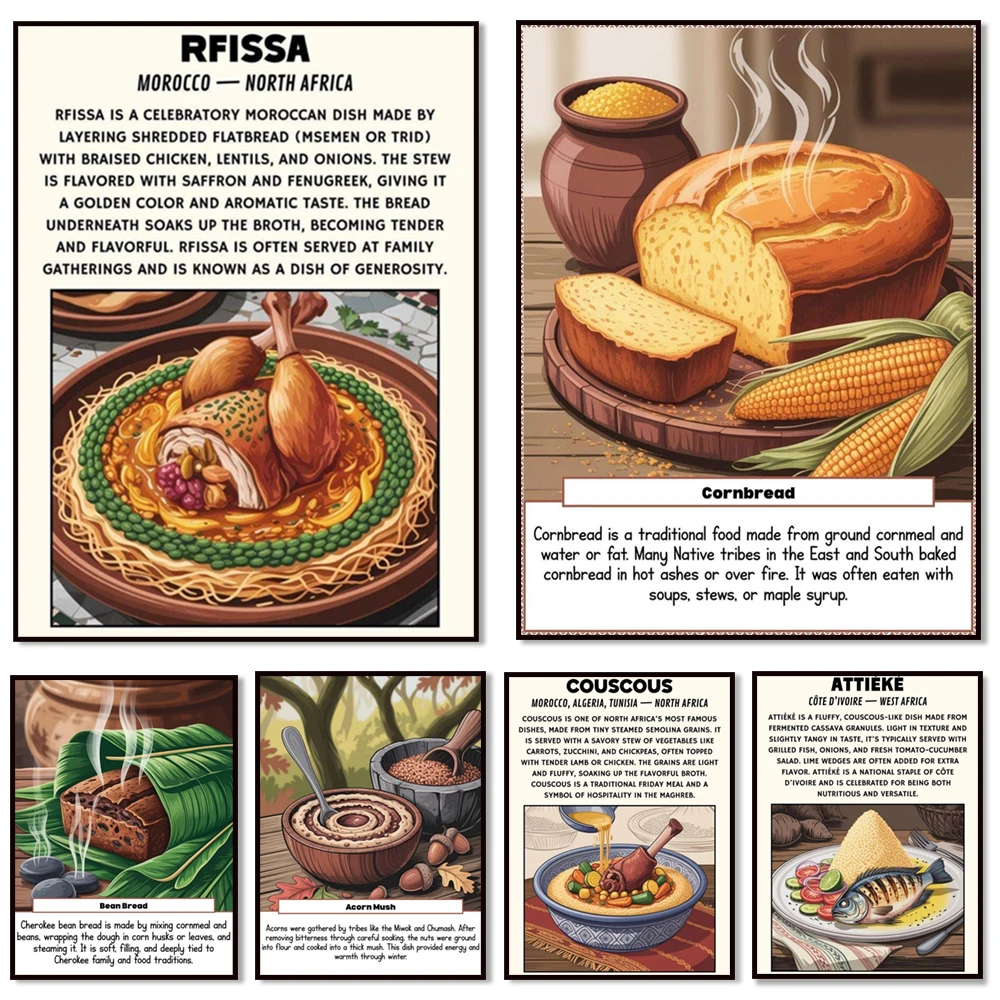 Cocina nativa americana, etiqueta, livisa, estofado de pimiento verde, tortillas indias, puré de bellota, pan de maíz, arroz salvaje (poster de comida)