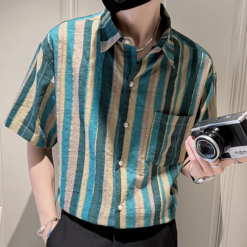 

Business Casual Short Sleeve Shirt Men Camisa Social Masculina Manga Longa Clothes Korean Striped Color Contrast Printing Shirt