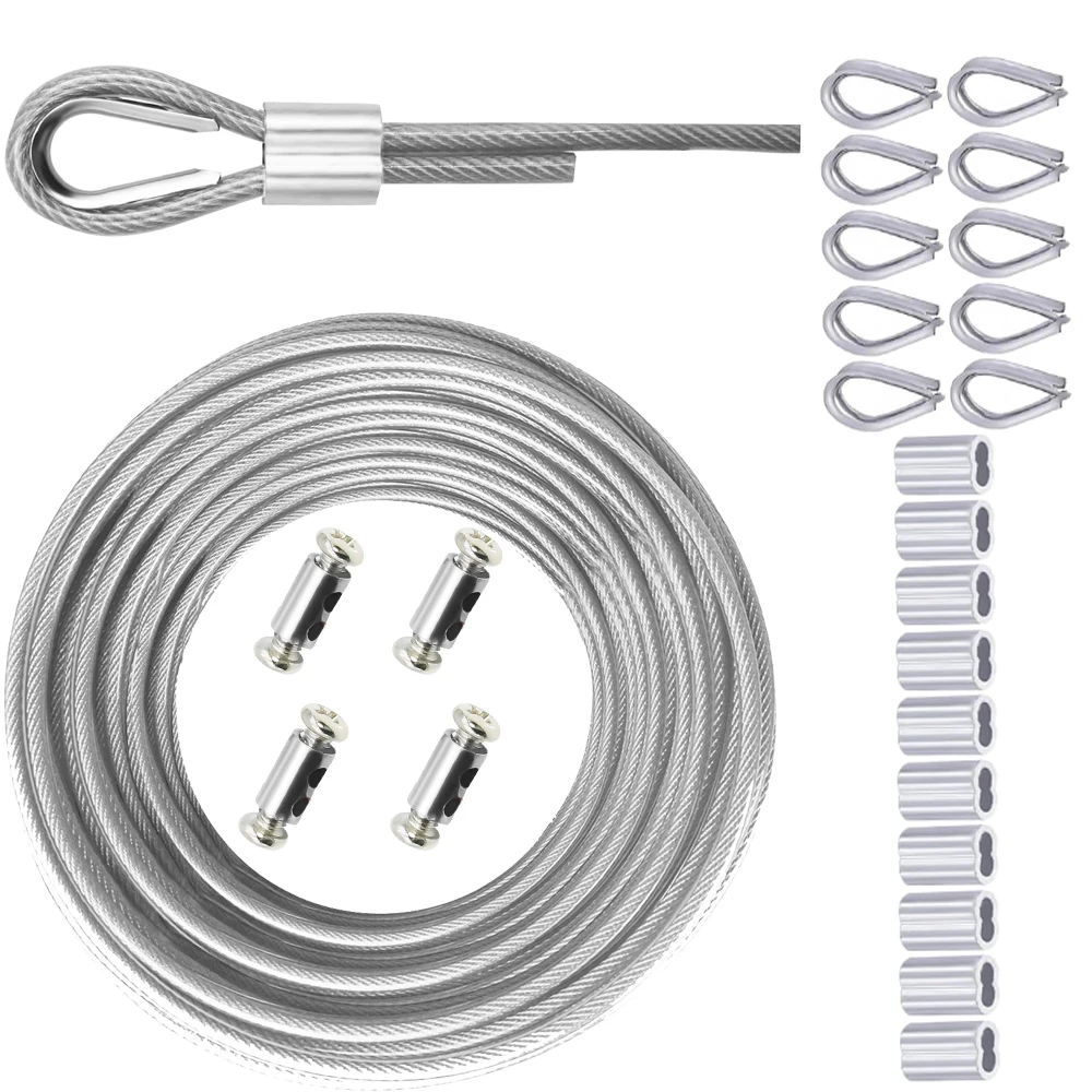 

3mm stainless steel wire rope kit with PVC transparent coating rope, wire rope clamp kit, essential for outdoor camping