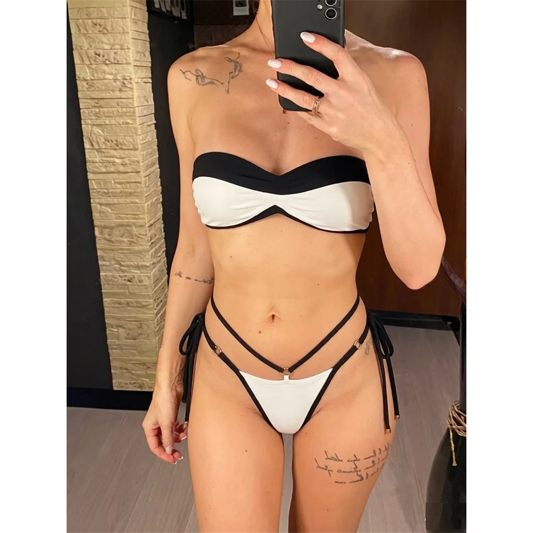 Splicing High-Cut-Bikini, Damen-Badeanzug, zweiteiliges Bikini-Set, mit Trägern, gepolstert, Badebekleidung, Badeanzug, Modell V8347 – Detail 2